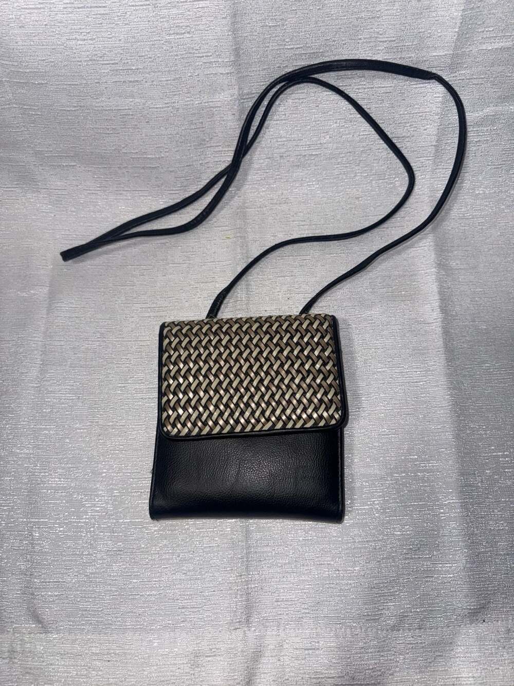 Amanda Smith Black Leather Crossbody Wallet Bag with Woven Flap Detail